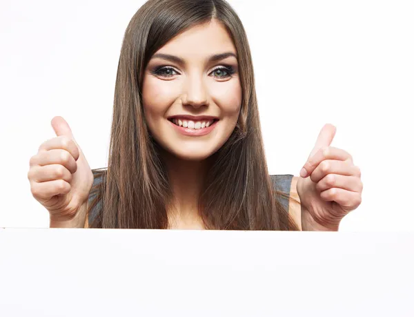 Geschäftsfrau mit Banner und erhobenem Daumen — Stockfoto