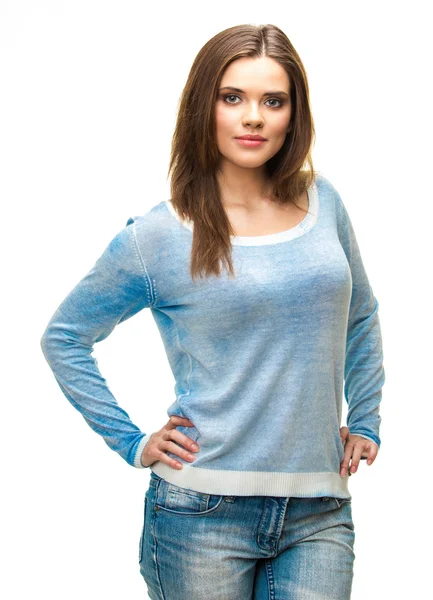 Usmívající se žena v modrém svetru — Stock fotografie