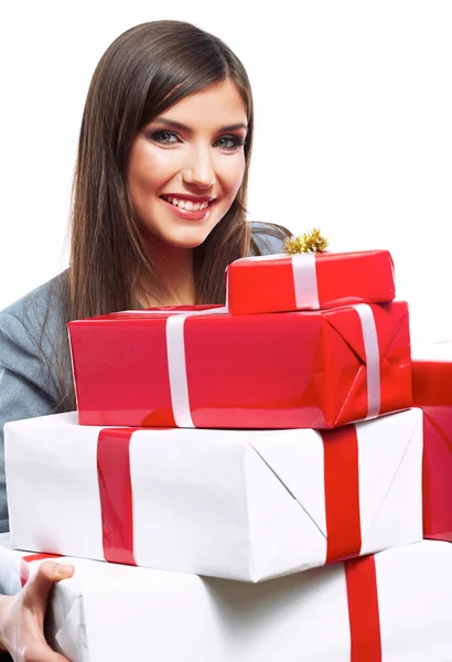 Business woman hold gift box — Stock Photo, Image