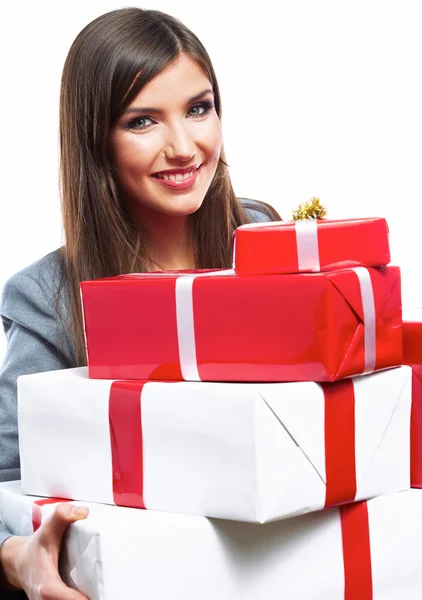 Business woman hold gift box — Stock Photo, Image