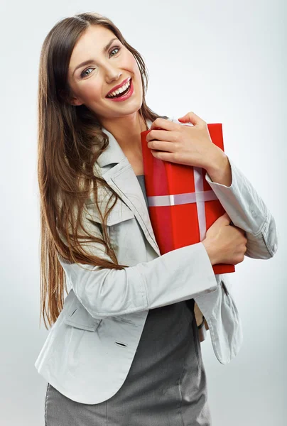 Business woman hold gift — Stock Photo, Image