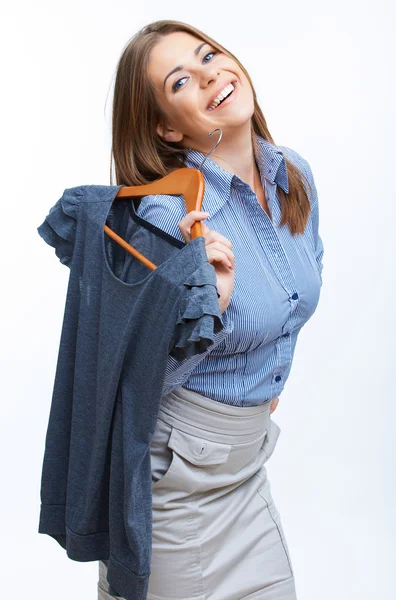 Business woman hold clothes — Stock Photo, Image