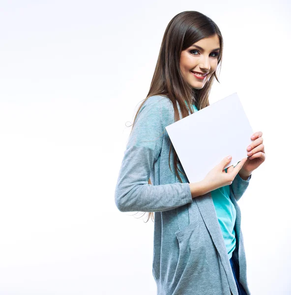 Mujer mostrar tablero en blanco — Foto de Stock