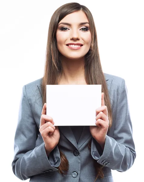 Frau zeigt weißes Banner — Stockfoto