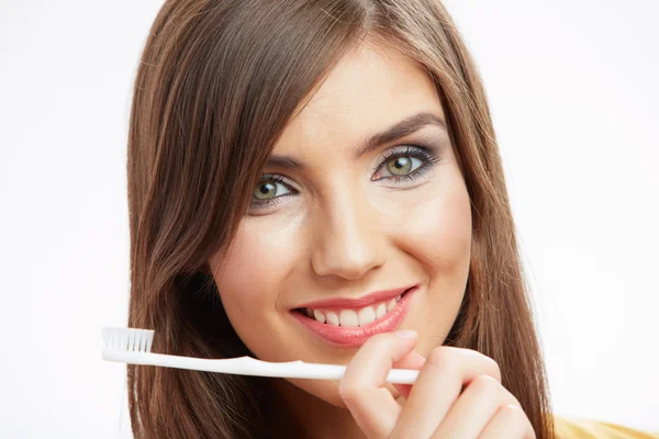 Mujer con cepillo de dientes — Foto de Stock