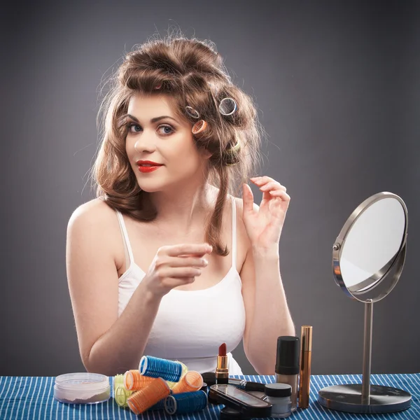 Woman with curler — Stock Photo, Image