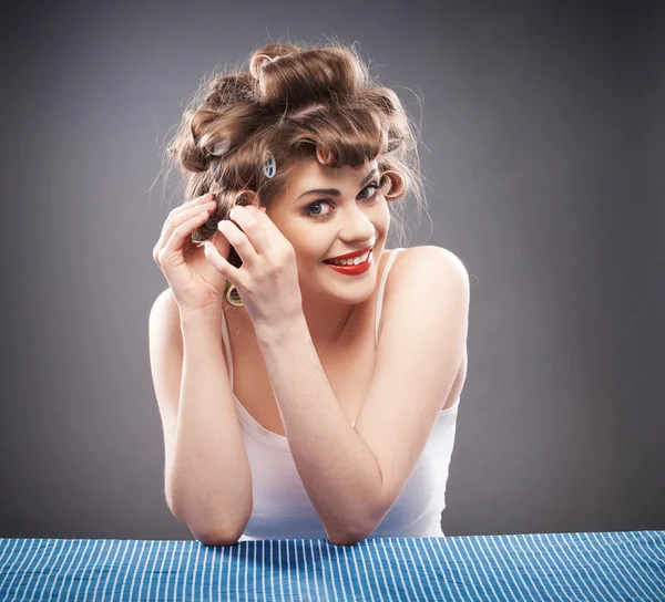 Woman with curler — Stock Photo, Image