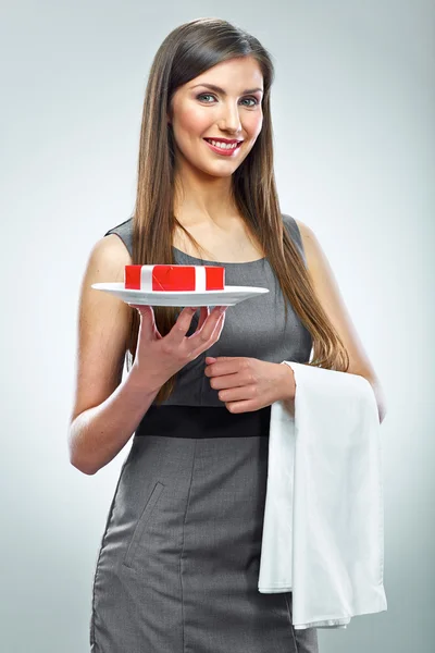 Business woman hold gift on plate — Stock Photo, Image