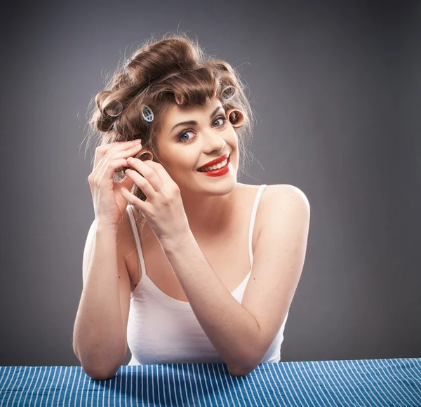 Woman with curler — Stock Photo, Image