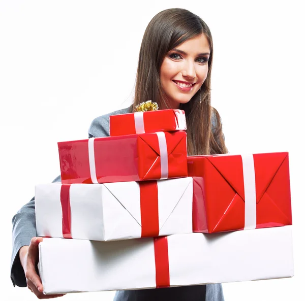 Business woman hold gift box — Stock Photo, Image