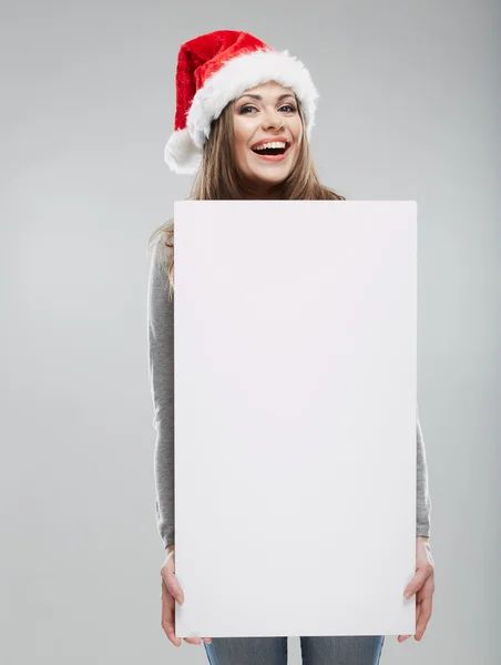Frau Weihnachten Porträt halten weißes Banner. — Stockfoto
