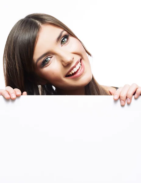 Woman face close up portrait behind the big board — Stock Photo, Image