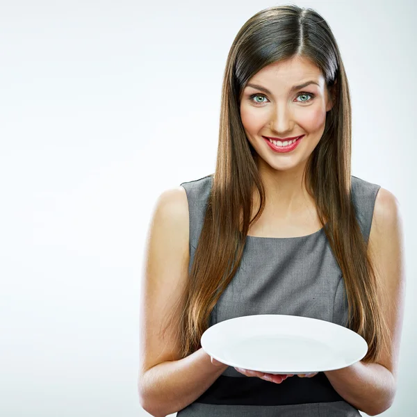 Business woman hold plate — Stock Photo, Image