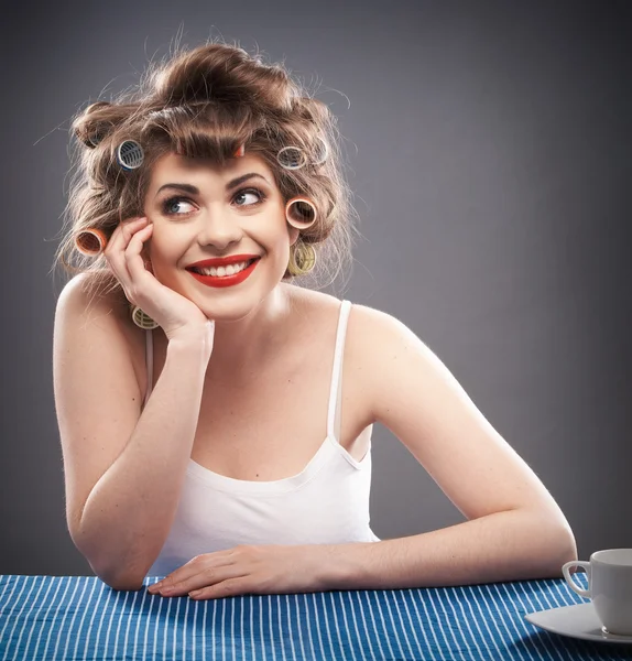 Woman portrait with curler hair — Stock Photo, Image