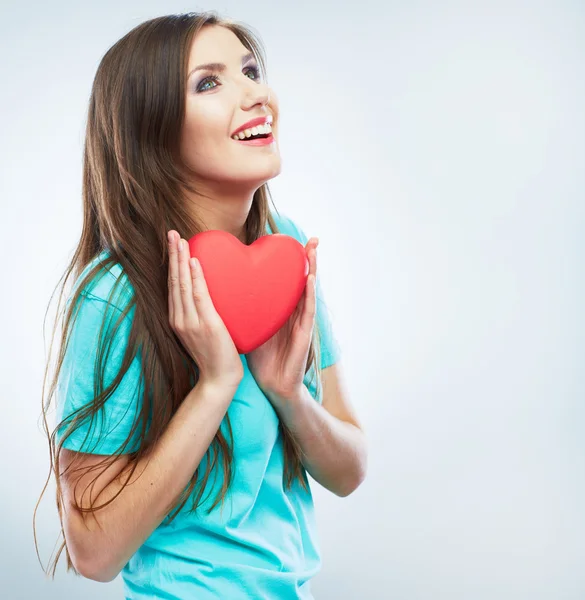 Beautiful woman hold red heart. — Stock Photo, Image