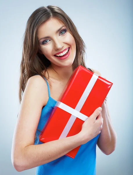 Young smile woman hold red giet box with white ribbon. — Stock Photo, Image