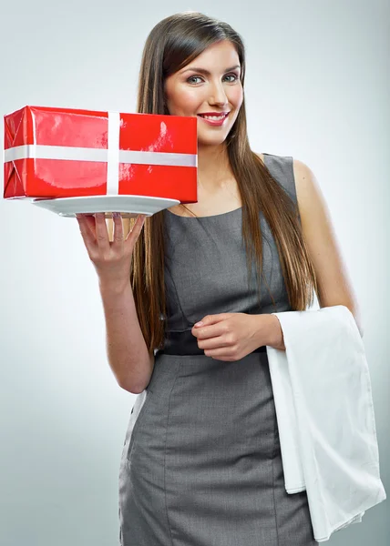 Business woman holding gift — Stock Photo, Image