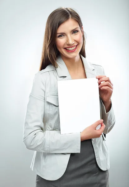 Mulher de negócios com banner em branco — Fotografia de Stock