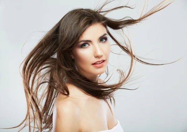 Rosto de mulher com movimento de cabelo — Fotografia de Stock