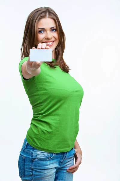 Mulher segurando placa em branco — Fotografia de Stock