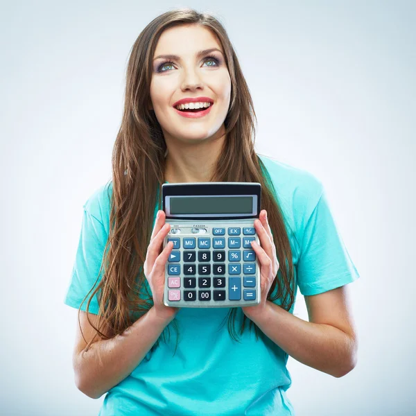 Woman hold count machine. — Stock Photo, Image