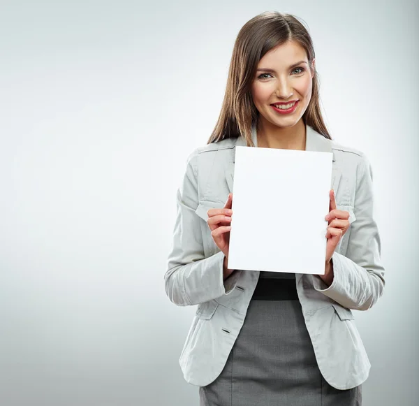 Smile Business woman with white banner — Stock Photo, Image