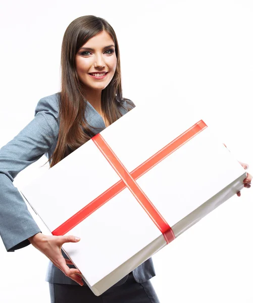 Business woman hold gift box — Stock Photo, Image