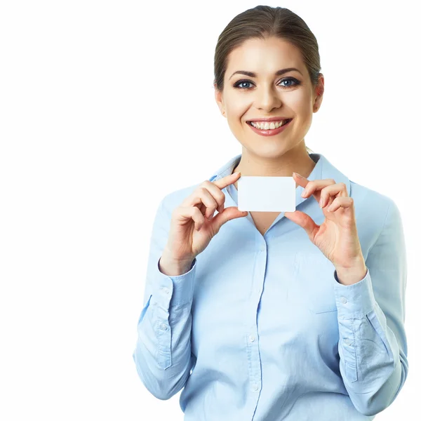 Woman holds white card — Stock Photo, Image