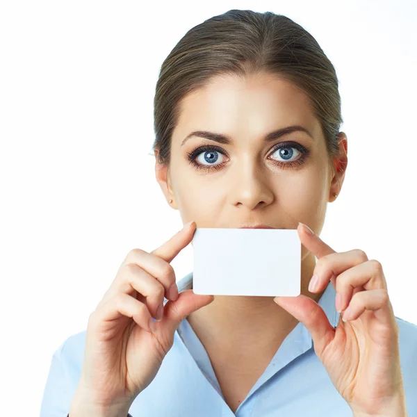 Business woman holds white card — Stock Photo, Image