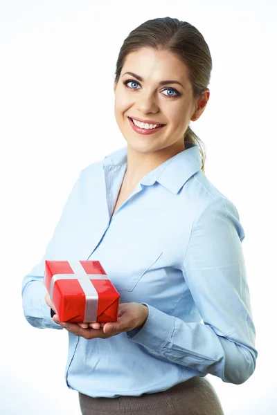 Business woman holds gift — Stock Photo, Image