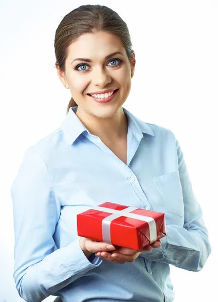 Business woman holds gift — Stock Photo, Image