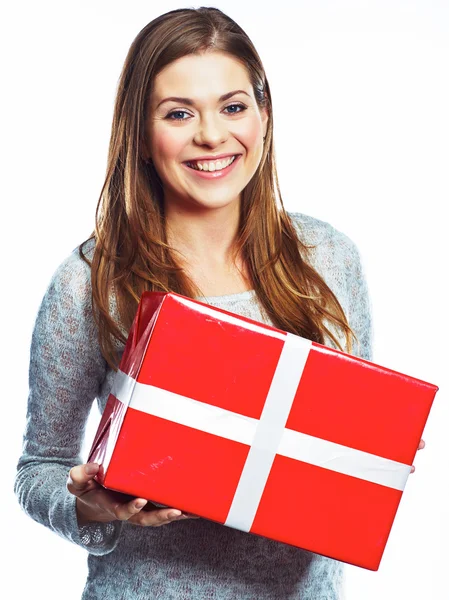 Woman holds gift box — Stock Photo, Image