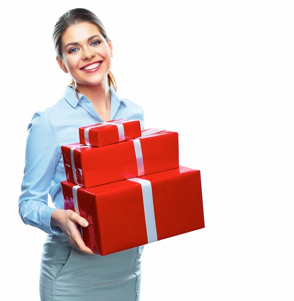 Business woman holds gift — Stock Photo, Image