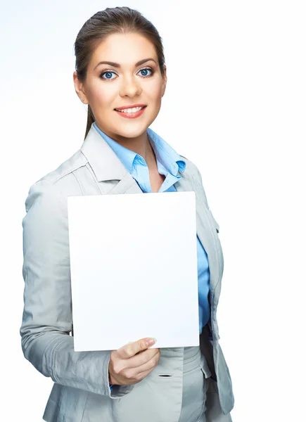 Business woman shows board — Stock Photo, Image