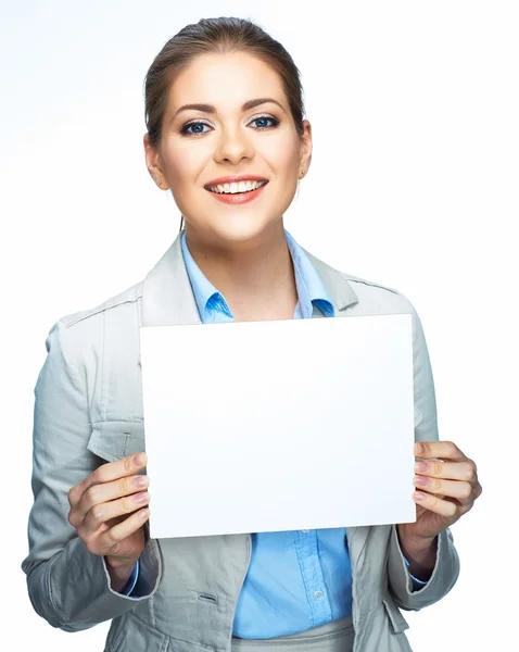 Business woman shows board — Stock Photo, Image