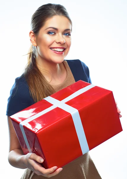 Woman holds gift box — Stock Photo, Image