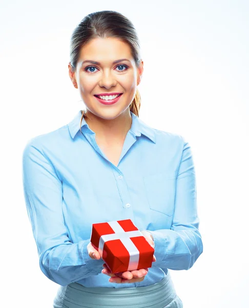 Woman holds gift — Stock Photo, Image