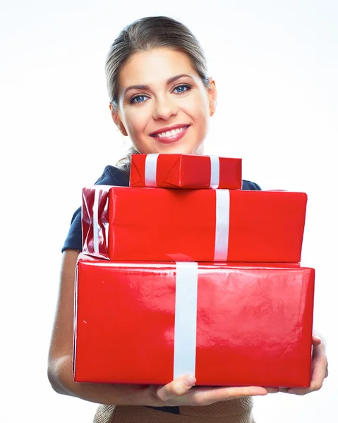 Woman holds gift boxes — Stock Photo, Image