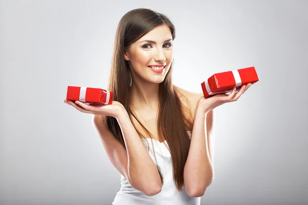 Beauty smiling woman hold gift. — Stock Photo, Image