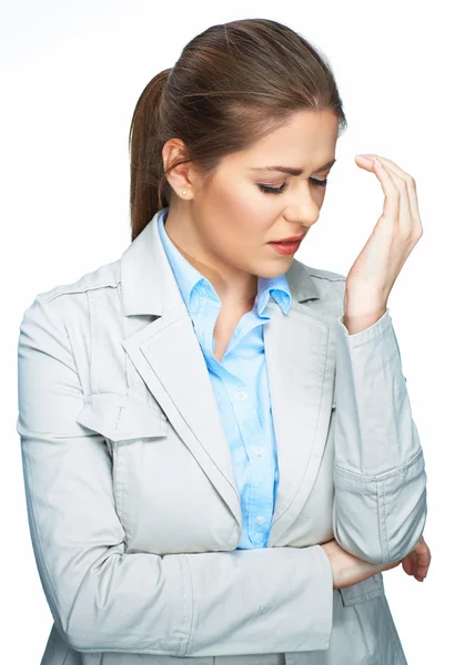 Frau mit Kopfschmerzen und Berührung des Kopfes. — Stockfoto