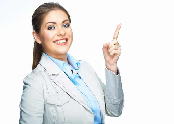 Sorrindo mulher de negócios apontando dedo . — Fotografia de Stock