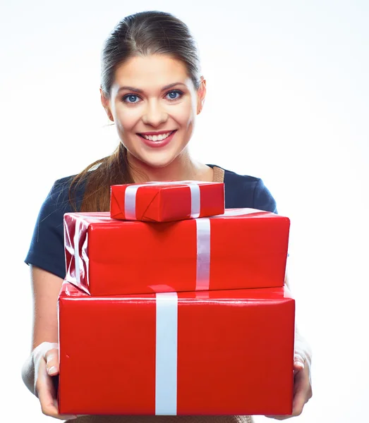 Caixa de presente vermelho. Mulher feliz — Fotografia de Stock