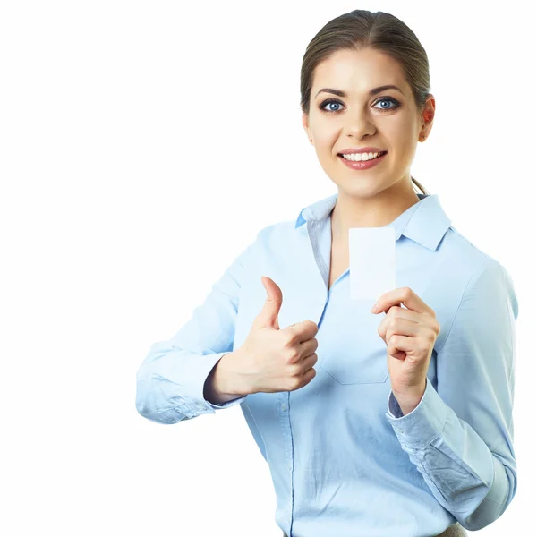 Business woman showing thumb up sign with credit card. — Stock Photo, Image