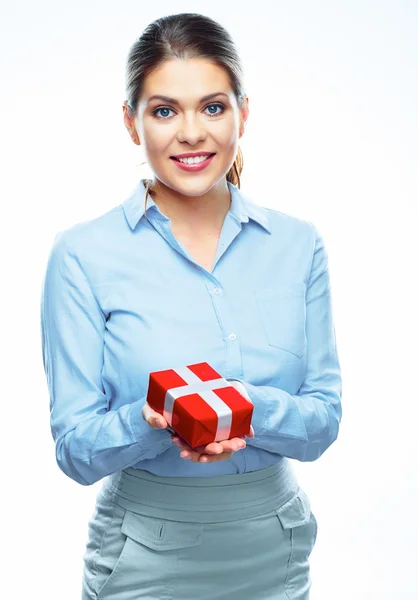 Business woman hold red gift box. — Stockfoto