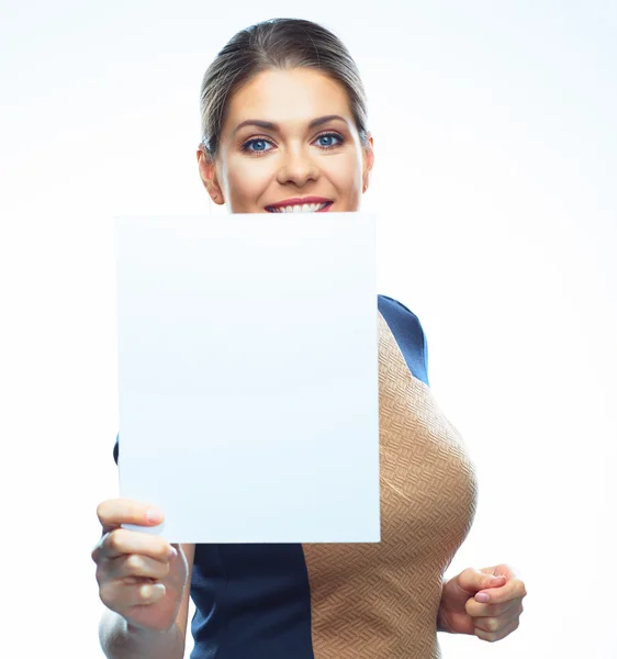 Business woman blank white banner — Stock Photo, Image