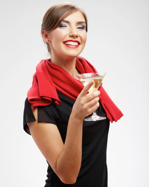 Frau trinkt Wein. Ewenkleid. — Stockfoto