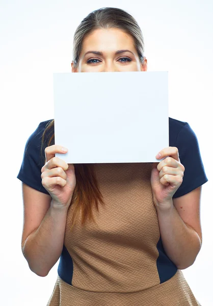 Woman shows board — Stock Photo, Image