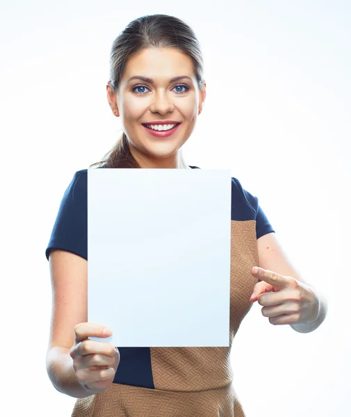 Woman pointing finger on banner — Stock Photo, Image