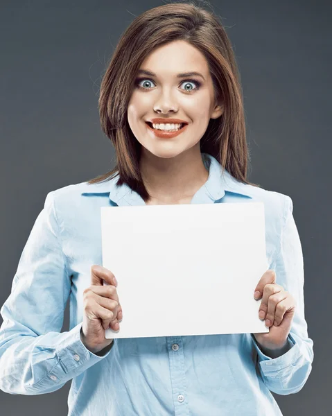 Surprised business woman with board — Stock Photo, Image