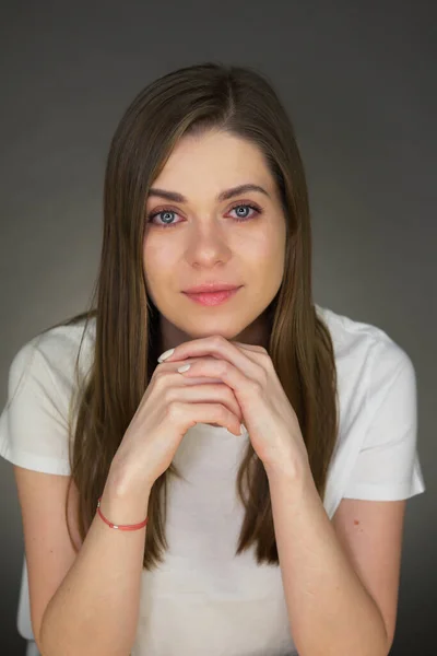 Close Portrait Woman White Shirt Natural Female Portrait — Stock Photo, Image